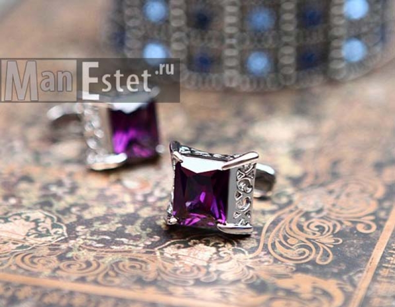 Запонки стальные с кристаллом Purple